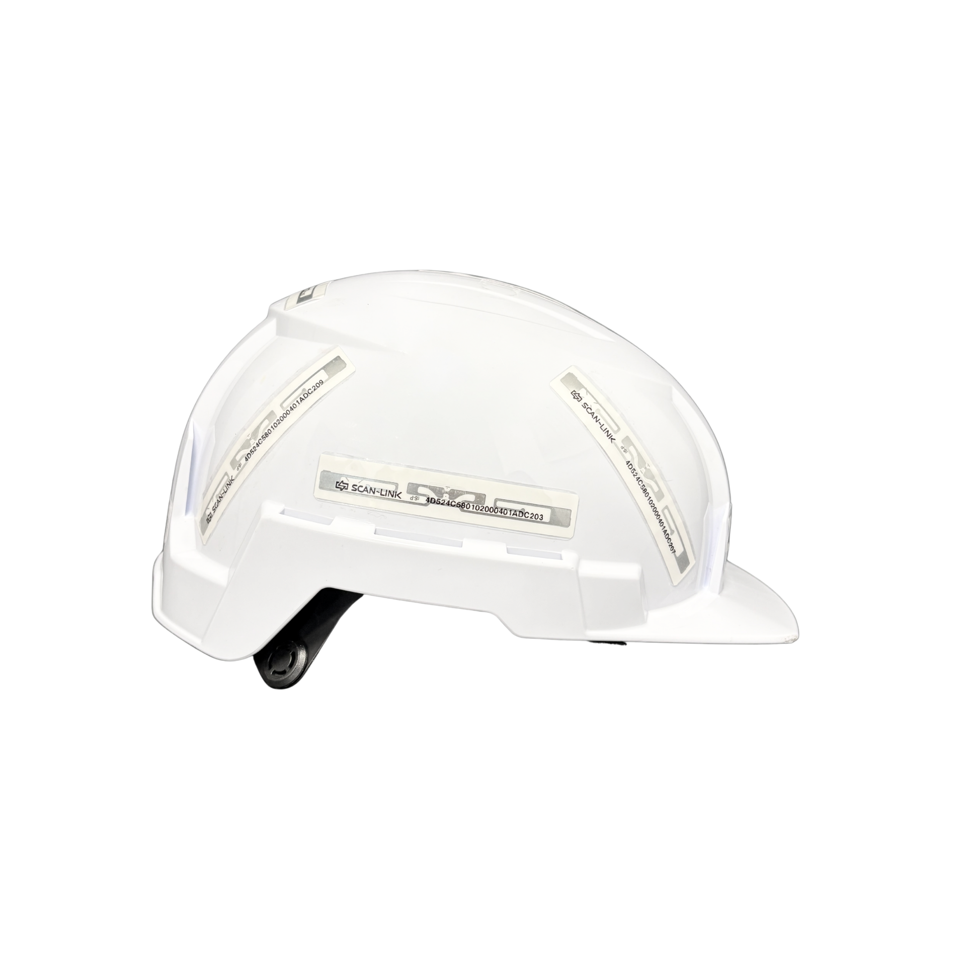 White construction hard hat with reflective strips and integrated lights.