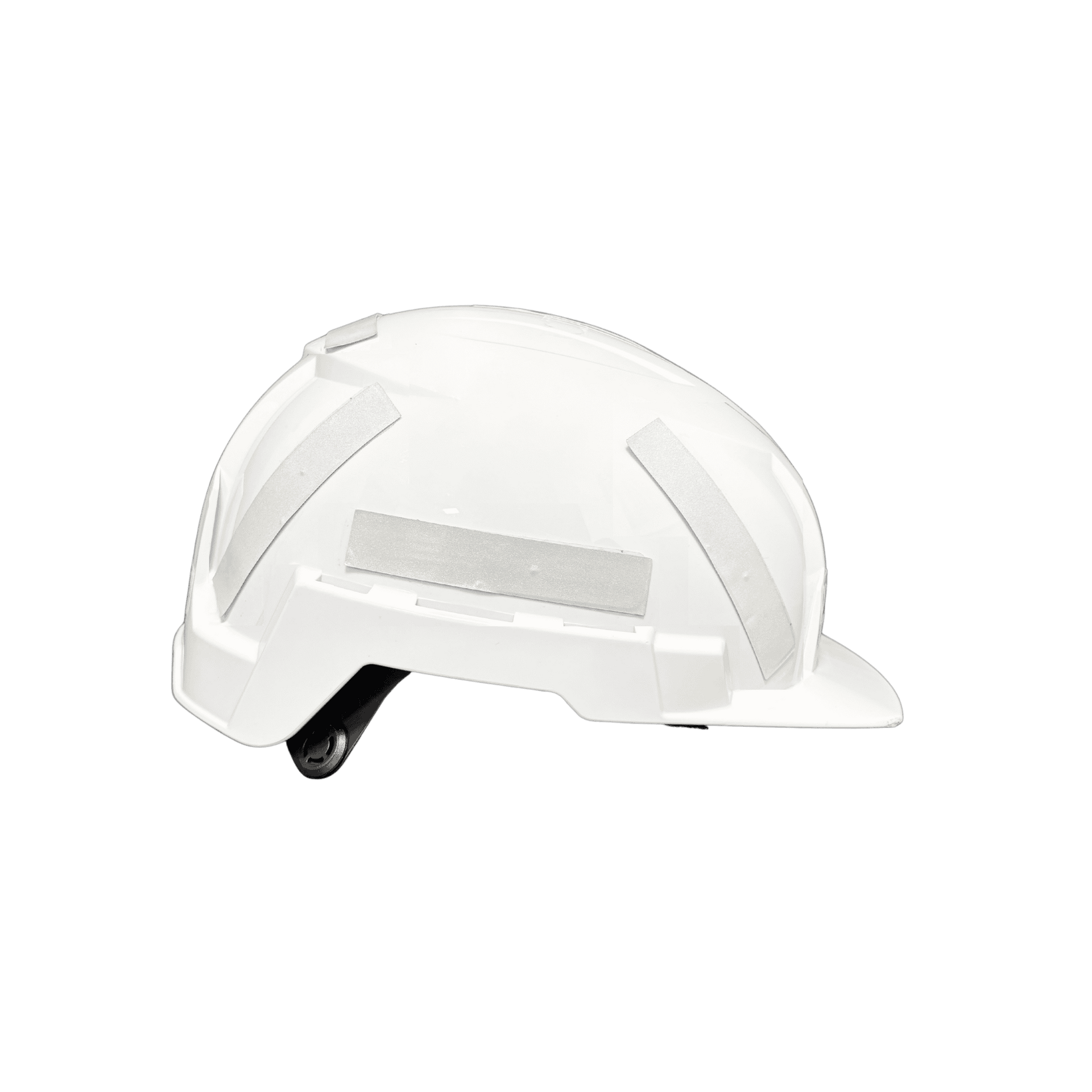 White construction hard hat with reflective strips.