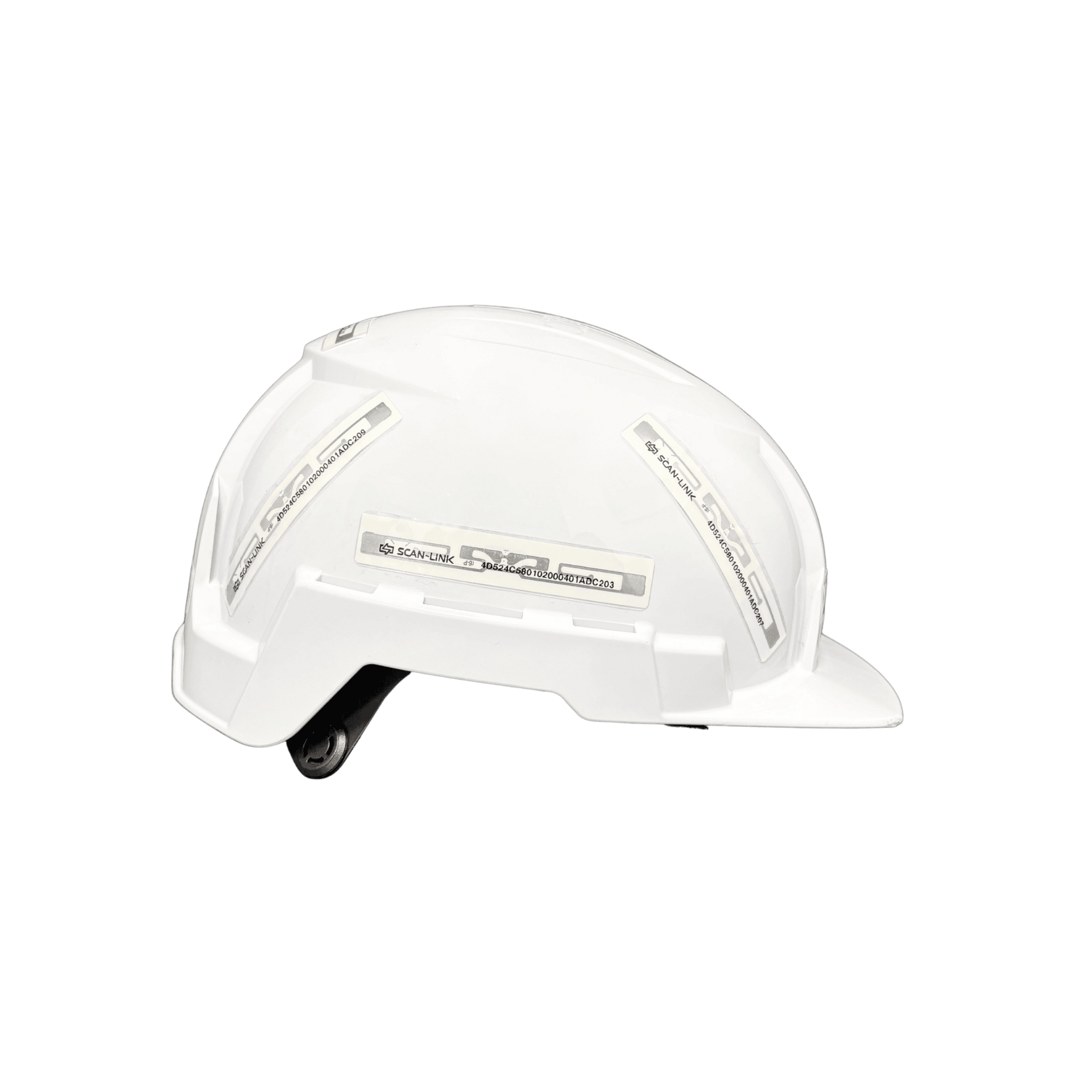 White construction hard hat with reflective strips and integrated lights.
