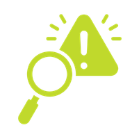 Green warning triangle with exclamation mark and magnifying glass icon