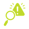 Green warning triangle with exclamation mark and magnifying glass icon