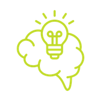 Lime-green outline of a brain with a light bulb inside and rays above it