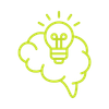 Lime-green outline of a brain with a light bulb inside and rays above it