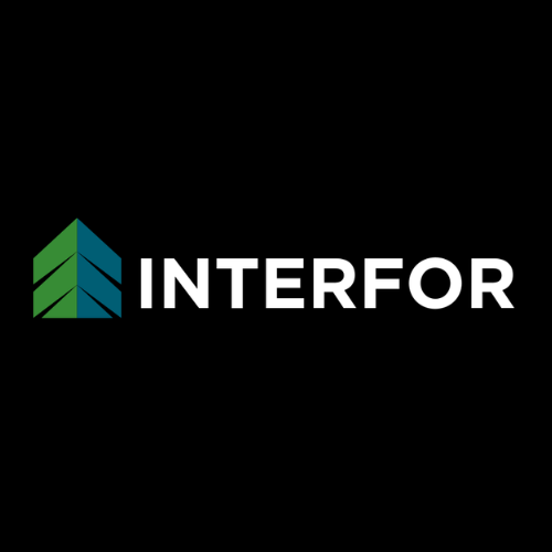 INTERFOR logo in white with green-blue tree icon on a black background