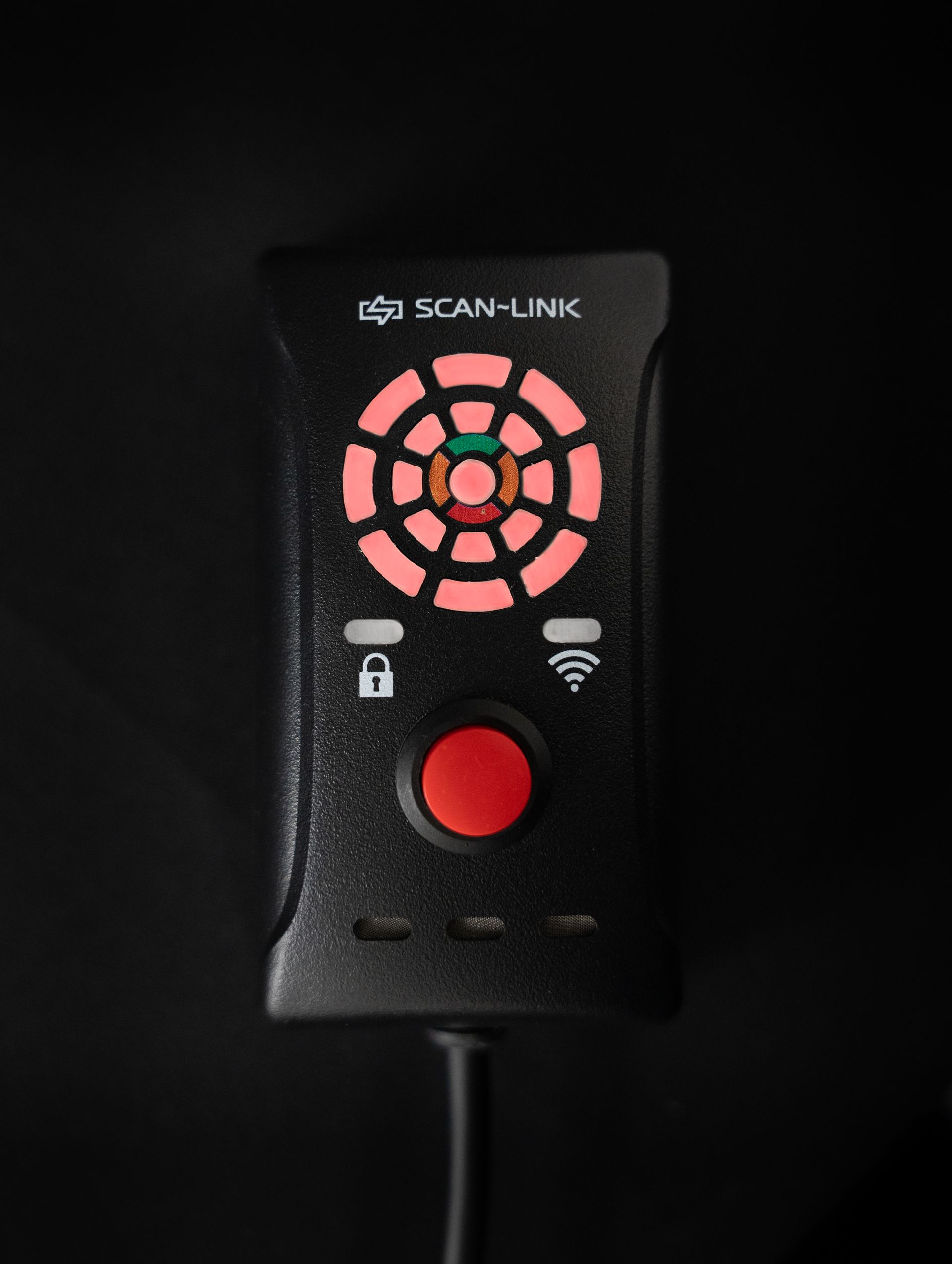 Black Scan-Link device with a red button, circular lights, and WiFi symbol on a black background.