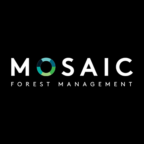 Mosaic Forest Management logo in white on black, with teal circular accent in the O.