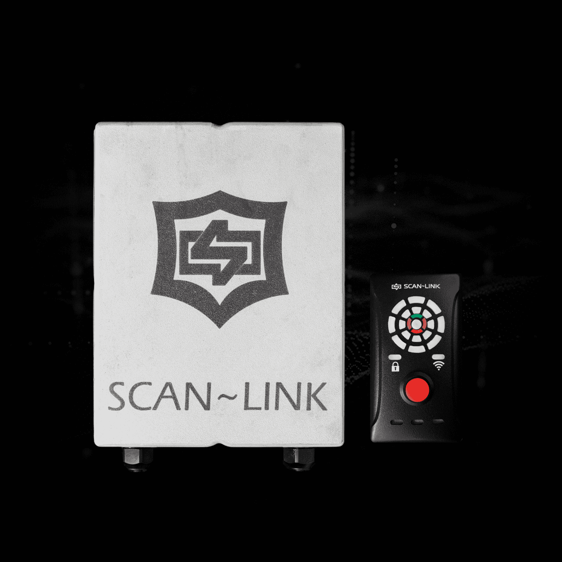 Orange safety vest, white hard hat, and device against a black background.