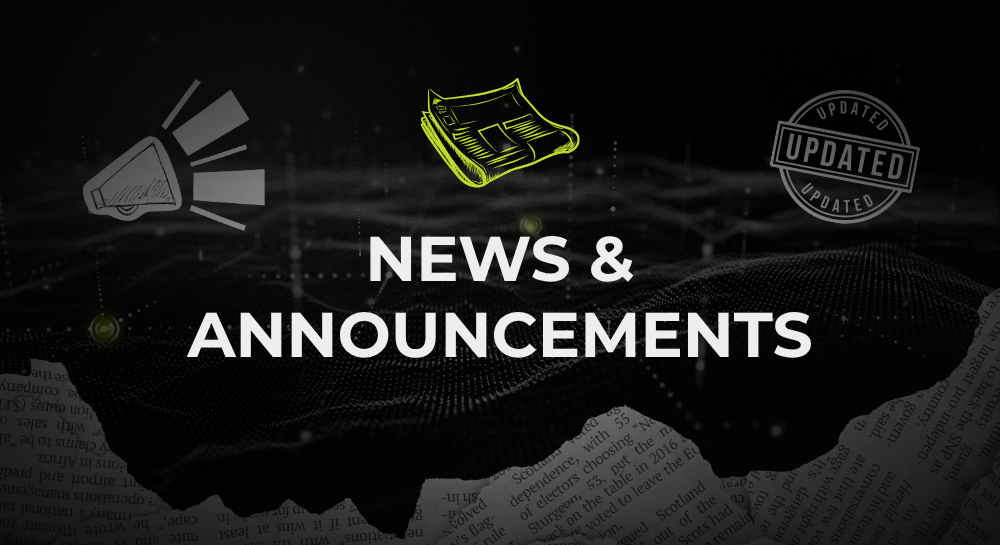 News & Announcements graphic: Black box with green logo, white text on a digital background.