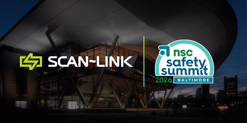 SCAN-LINK logo next to the NSC Safety Summit 2026 Baltimore event logo against a backdrop of a modern building at dusk.