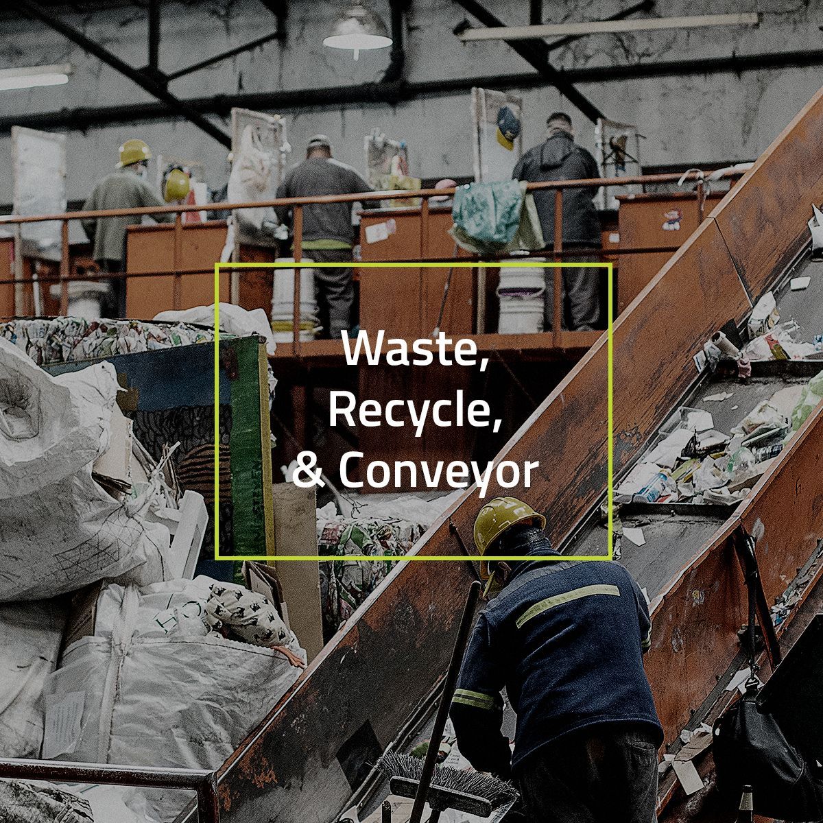 A group of people are working in a waste recycling facility