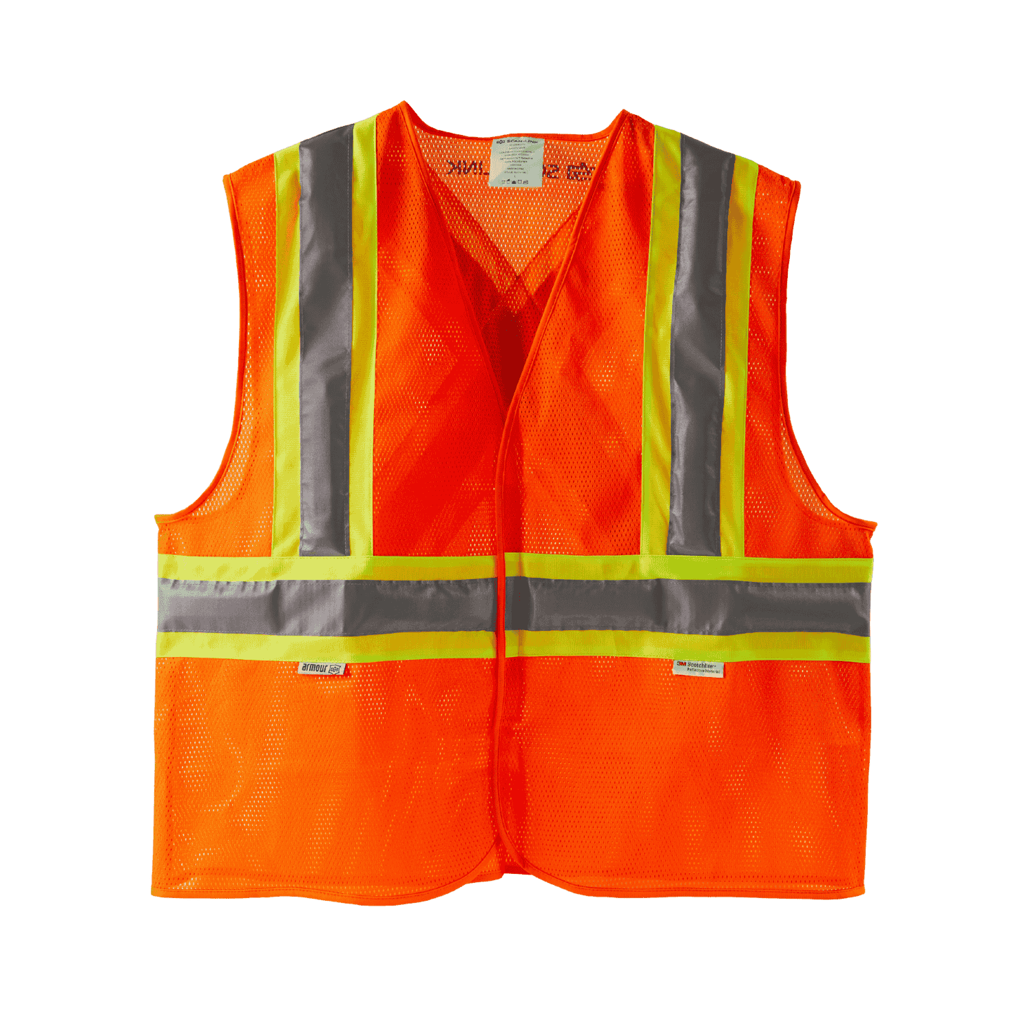 An orange high-visibility safety vest with reflective yellow-bordered stripes.