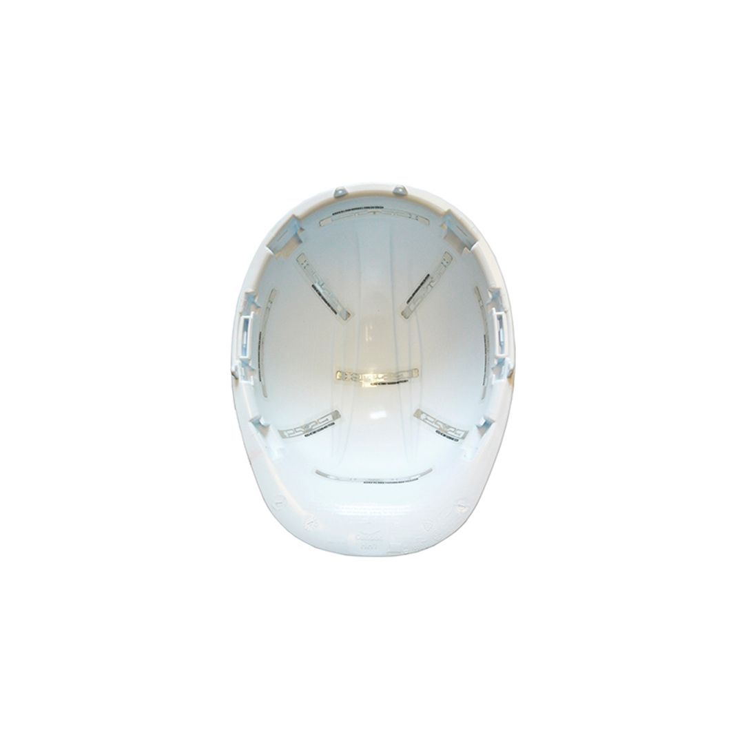 The inside of a white hard hat is shown on a white background.