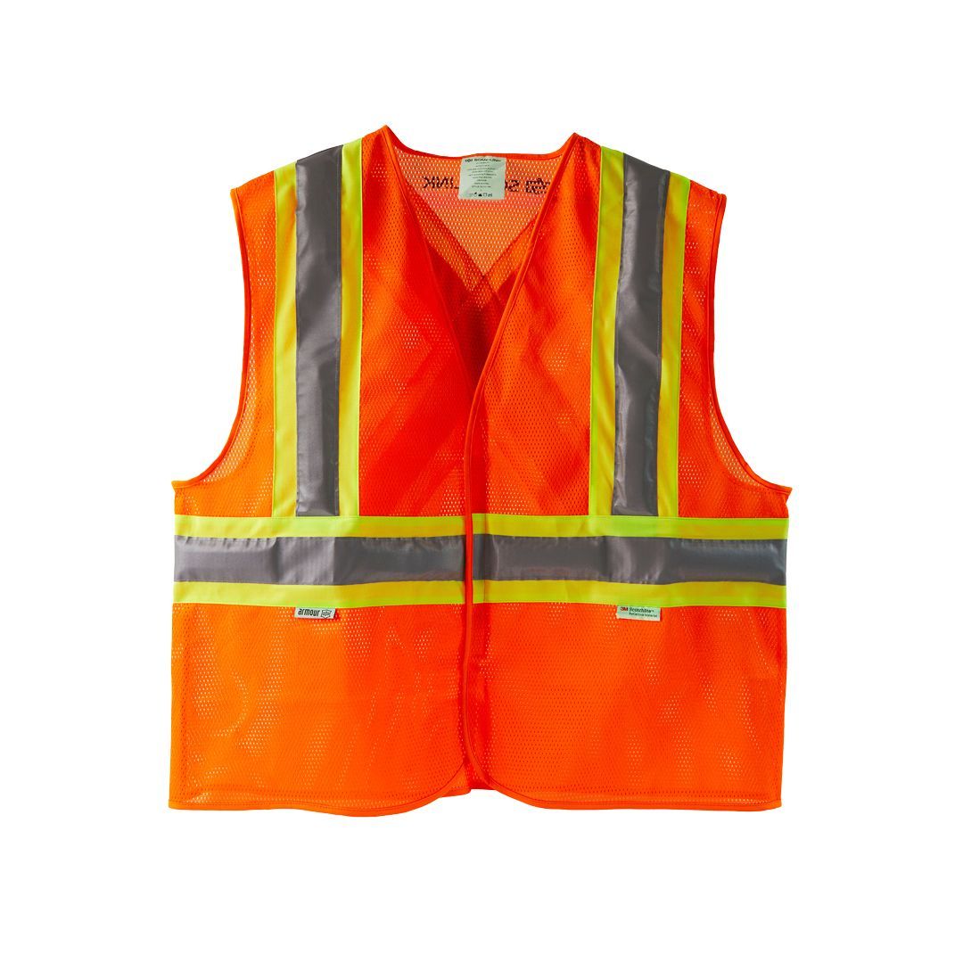 An orange safety vest with yellow stripes on it