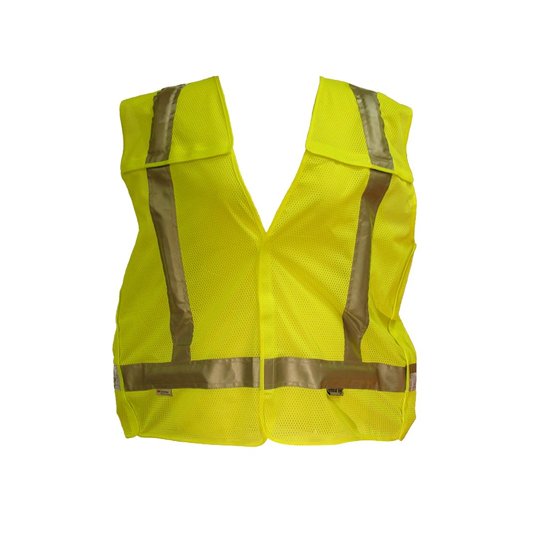 A yellow safety vest with reflective stripes on the side