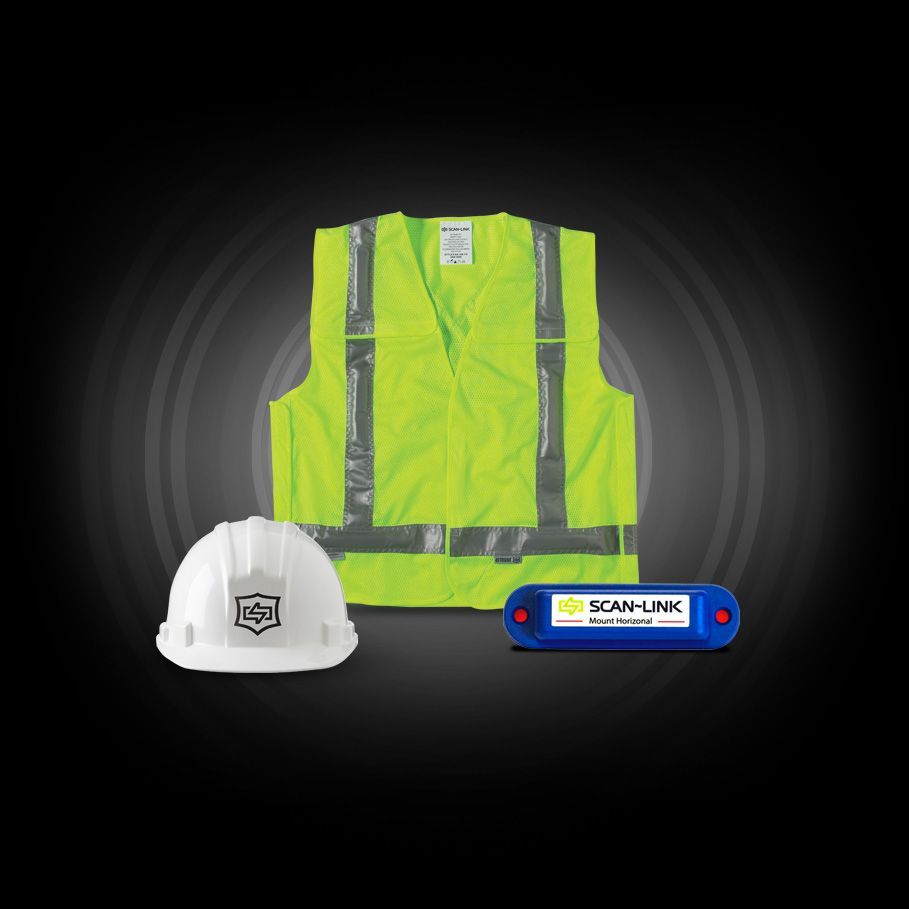 A yellow vest a white hard hat and a blue scan-link device