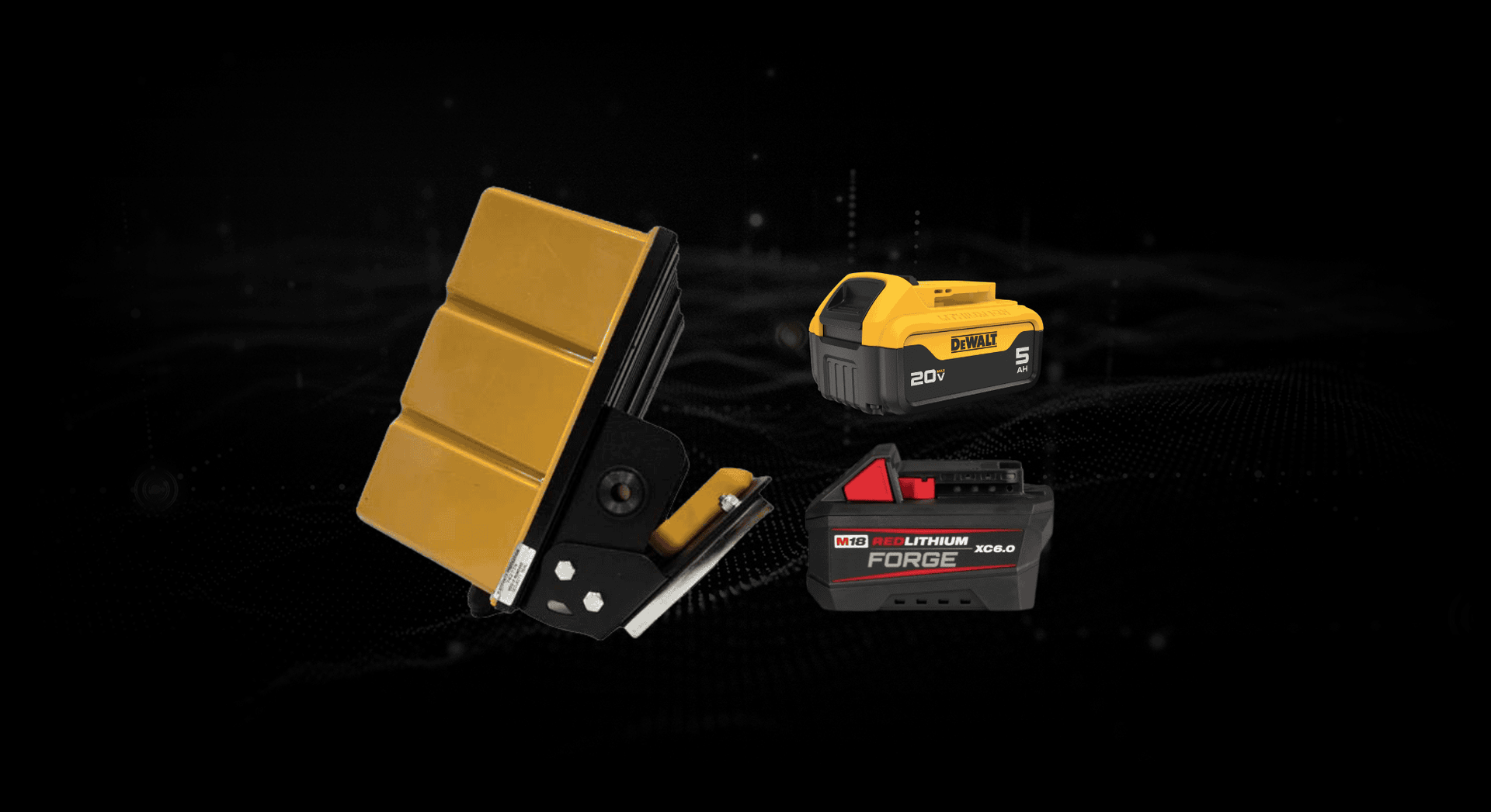 A yellow antenna is displayed next to two portable power tool batteries on a black background.