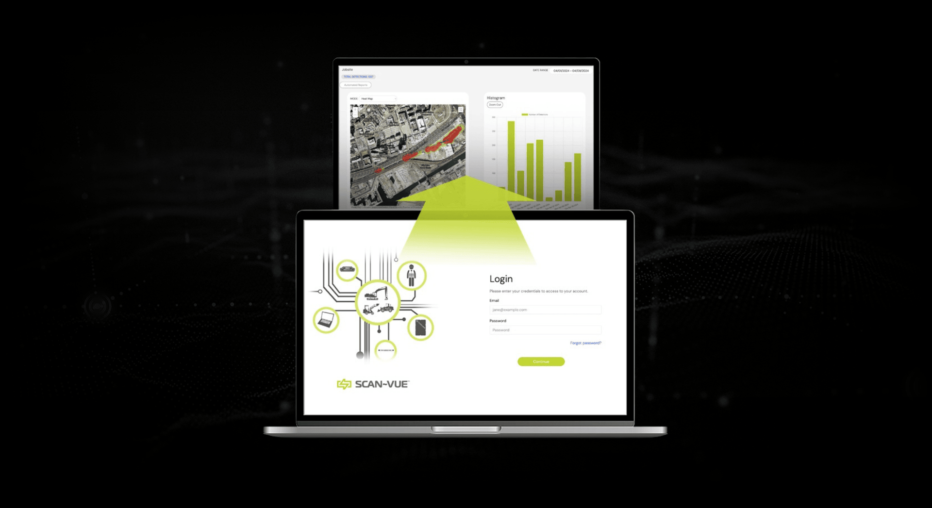Two laptops displaying data visualization. One below, one above with a green arrow. Dark background.