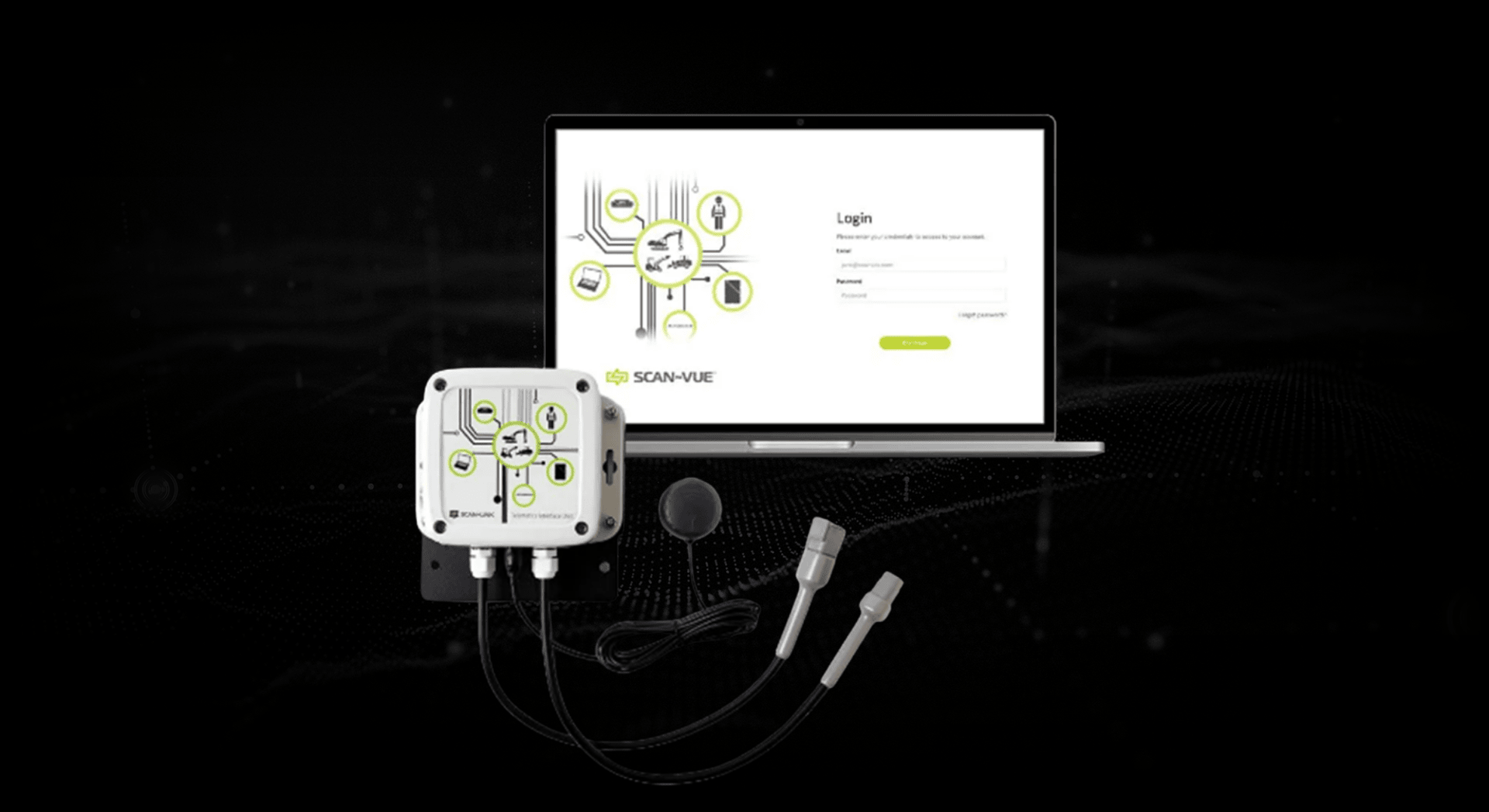 White device with connected cables next to a laptop displaying a login screen. Dark background.