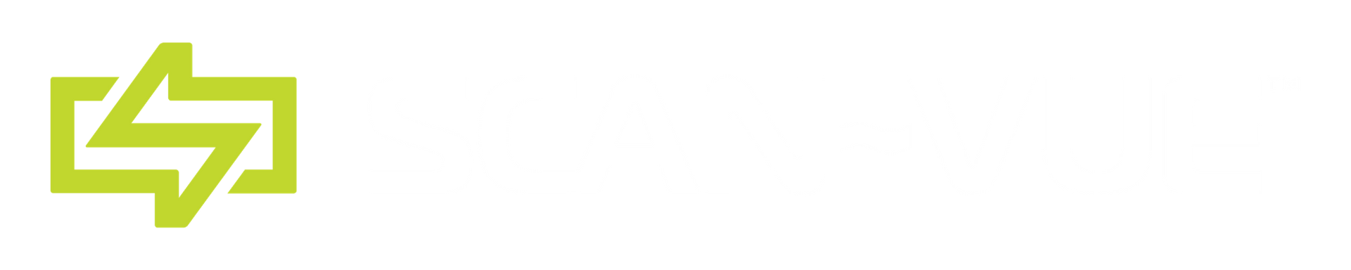 SCAN~VUE Logo: Green lightning-bolt icon on white background