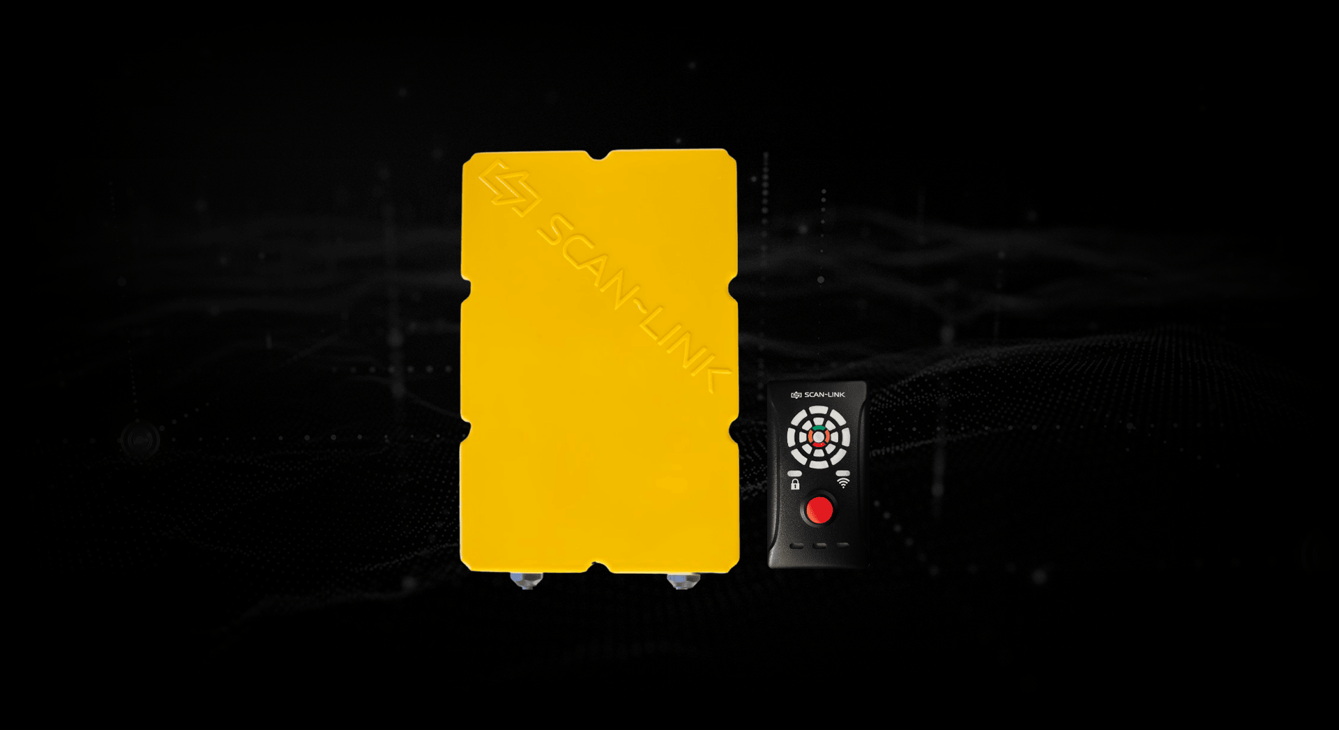 Yellow equipment box with control panel on a dark background.