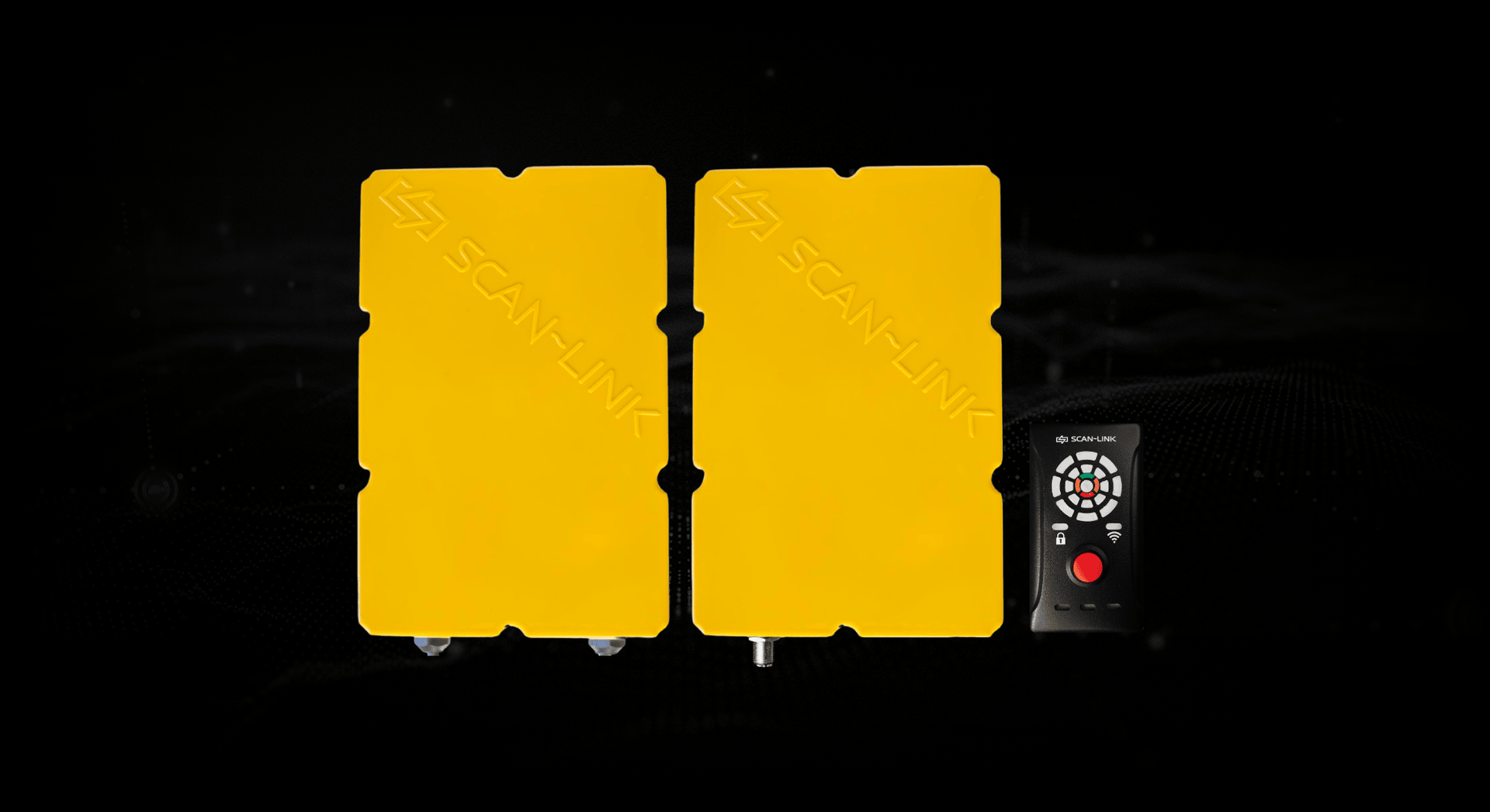 Two yellow, rectangular panels side by side, with a remote control to the right. Dark background.