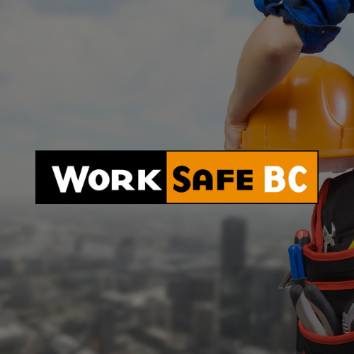 WorkSafe BC logo, worker holding a yellow hard hat, blurred cityscape in background.