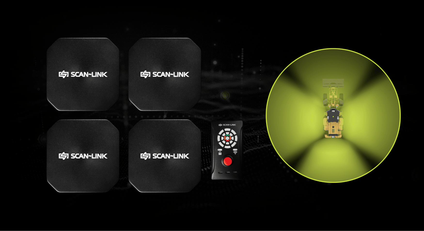 Four black square devices and a remote control against a dark background, branded 