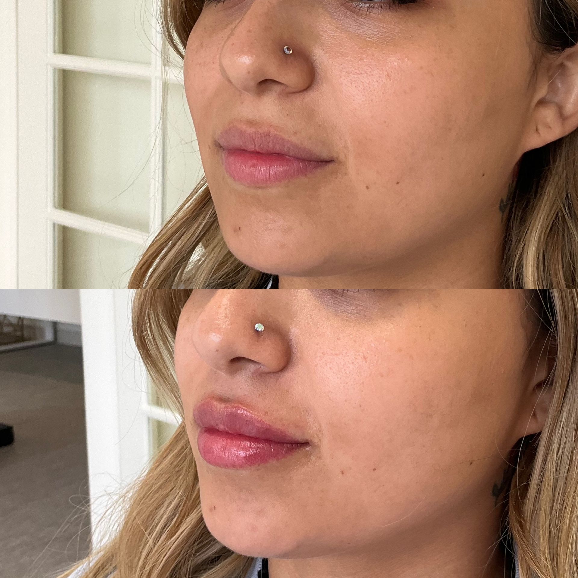 A before and after photo of a woman 's face with a nose ring.