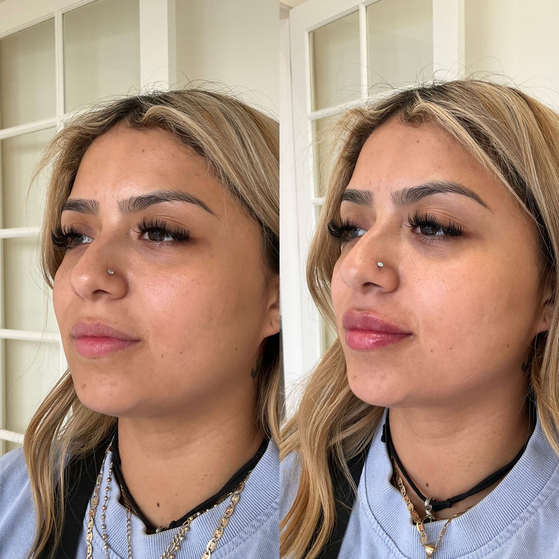 A woman is wearing a nose ring and a necklace.