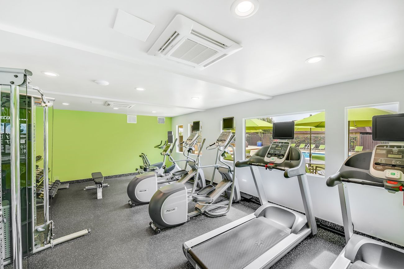 A gym with a lot of treadmills and exercise bikes.