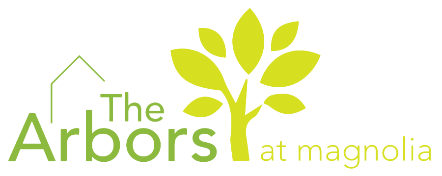 A logo for the arbors at magnolia with a house and a tree