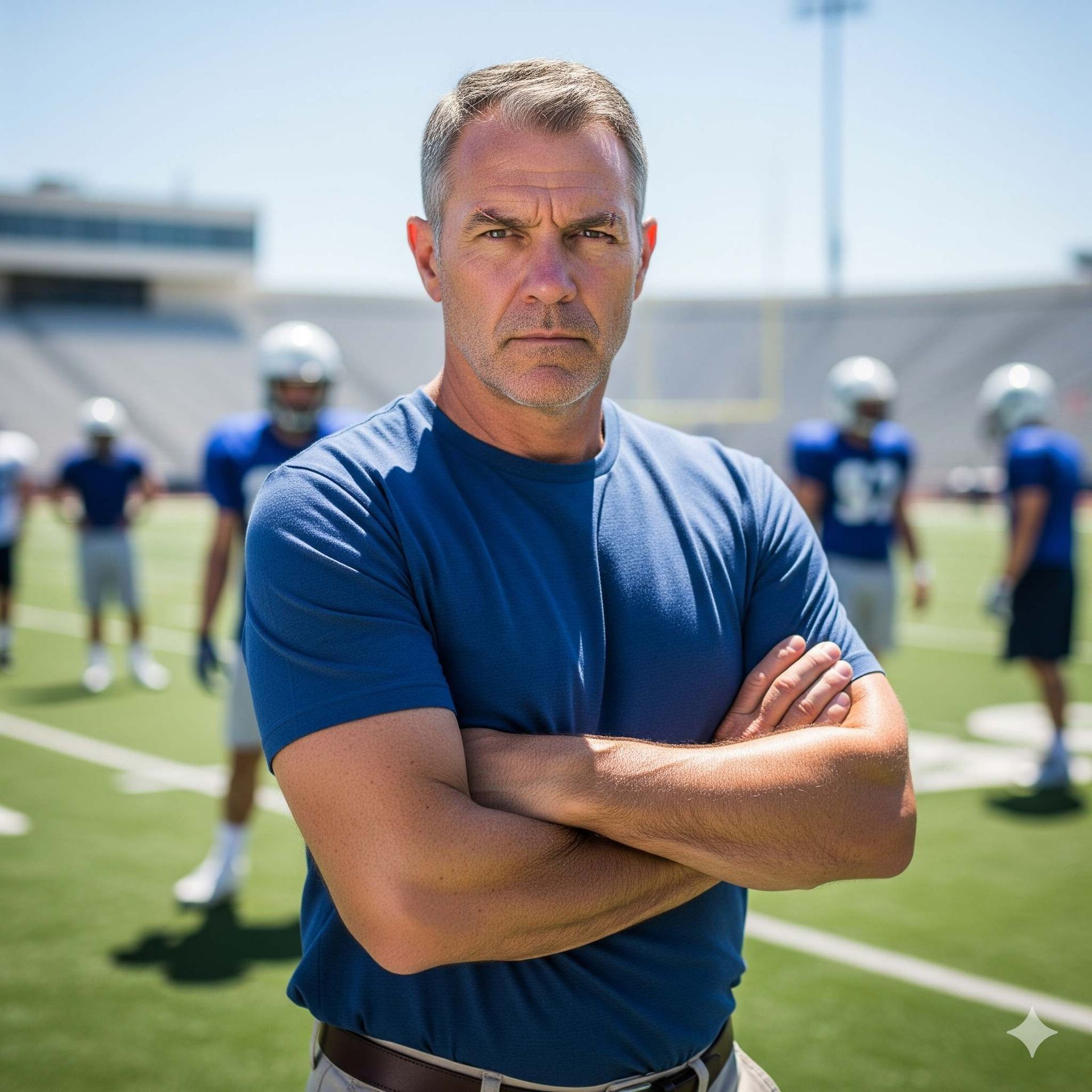 Football coach with arms crossed, looking stern on a sunny field, players in the background.