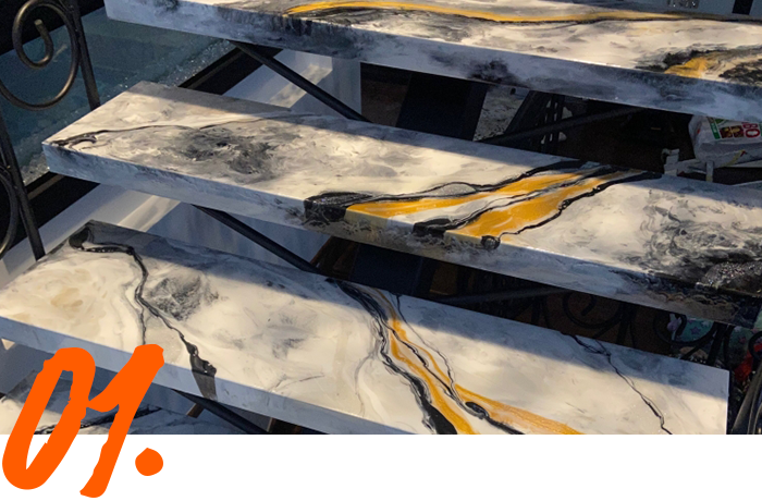 A close up of a set of stairs with the number 01 on the bottom