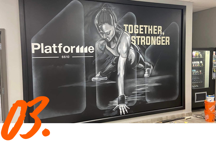 A painting of a woman doing push ups with the words together stronger on it