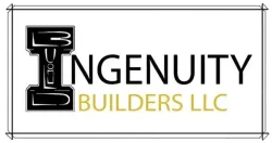 Logo for "Ingenuity Builders LLC," featuring a black stylized "I" enclosing the word "BUILD" next to text in a frame.