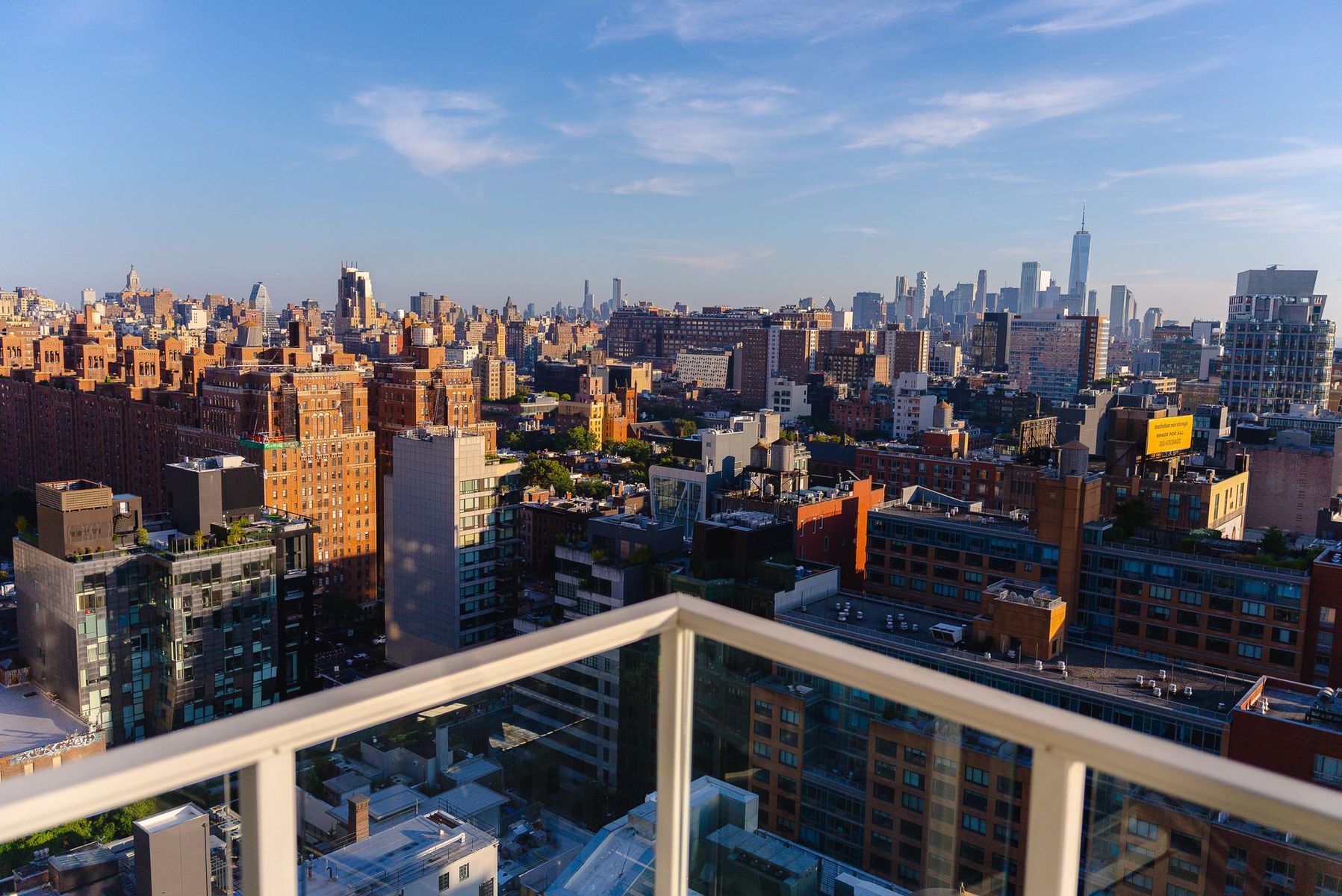 an aerial view of a city skyline from a balcony .