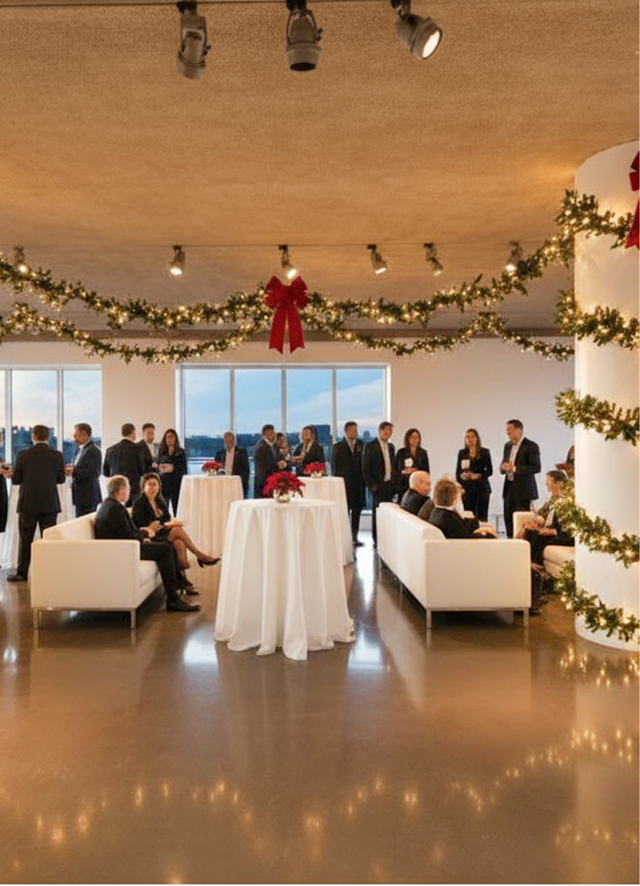 Holiday party in a modern space with guests mingling. Tables, white couches, and festive garland.