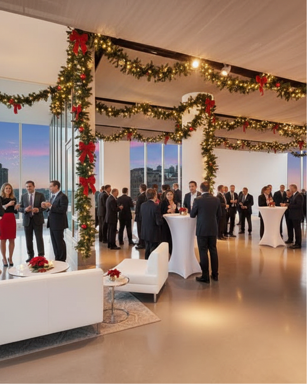 Holiday party in a modern venue with garland decorations and attendees in formal attire.