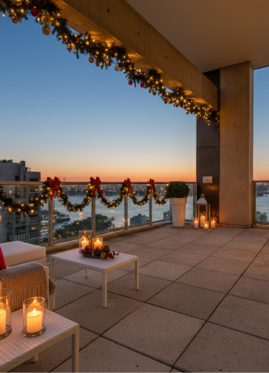 Rooftop balcony decorated for the holidays, with garland, candles, and a city skyline at sunset.