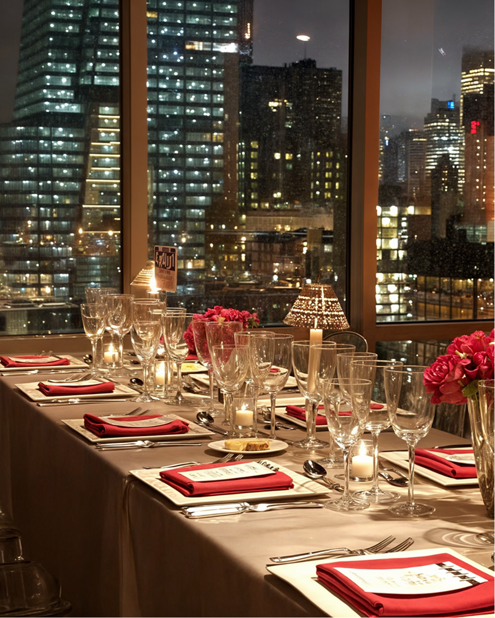 Elegant dining table set for a meal, with city lights visible through the window.