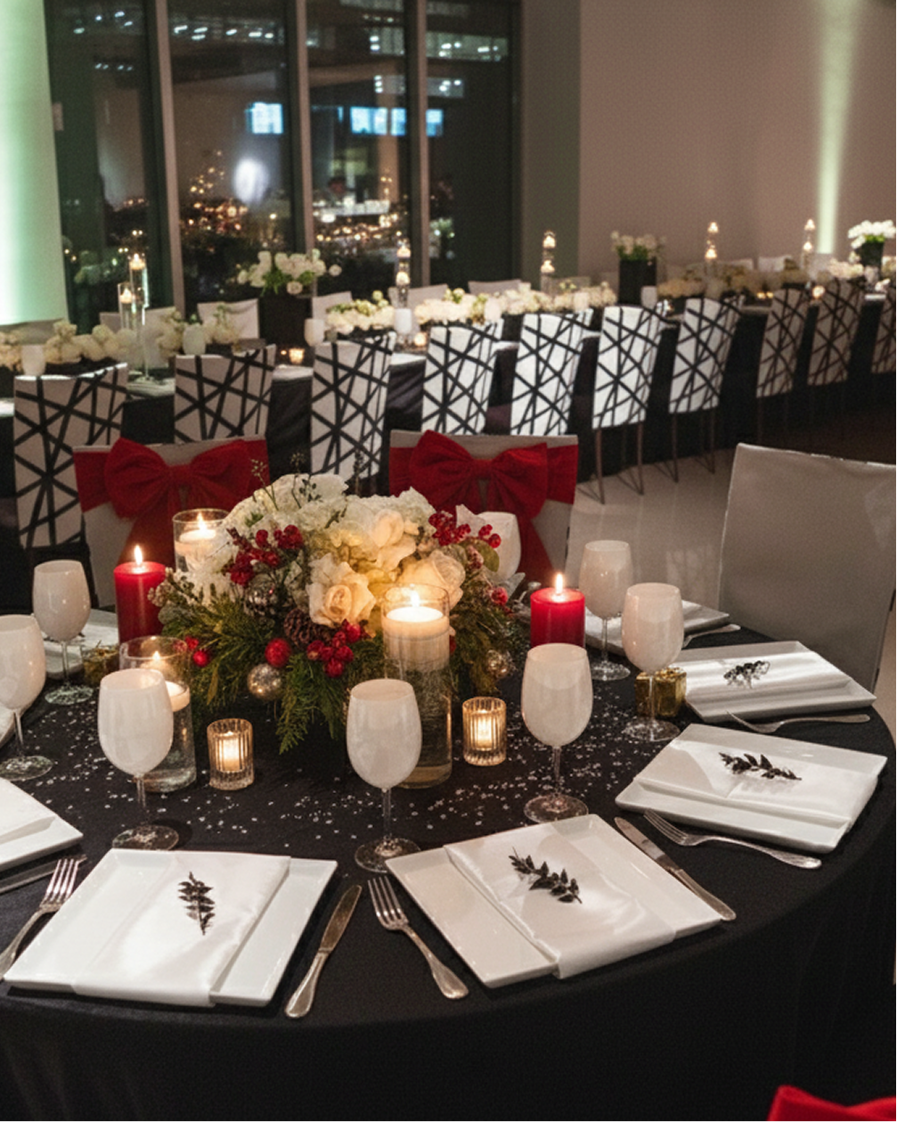 Elegant event table setting: round table with black tablecloth, white napkins, red candles, and floral centerpiece.