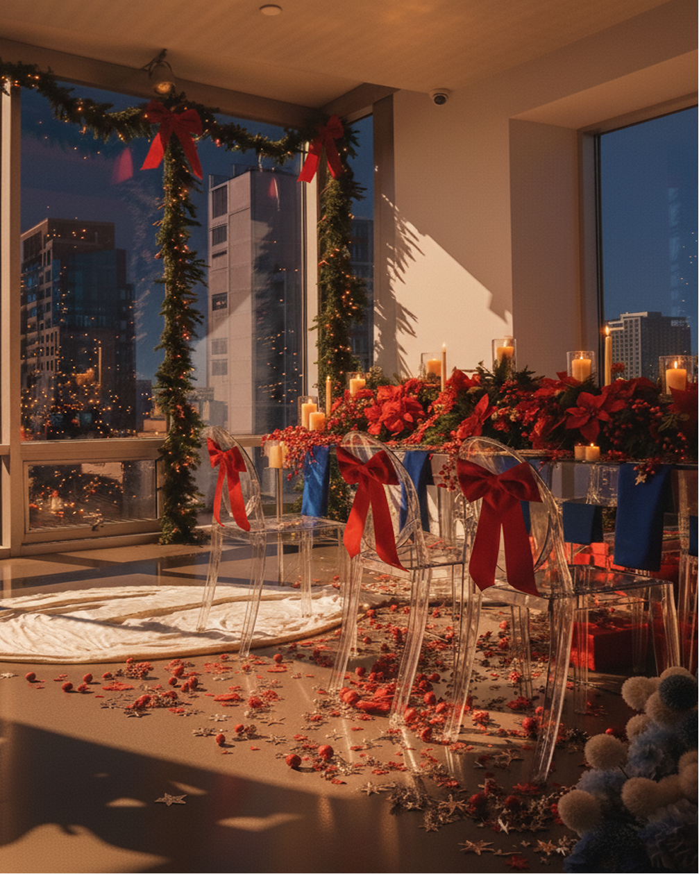 Holiday-decorated indoor space with city view. Clear chairs with red bows, garland, poinsettias, candles, and scattered rose petals.
