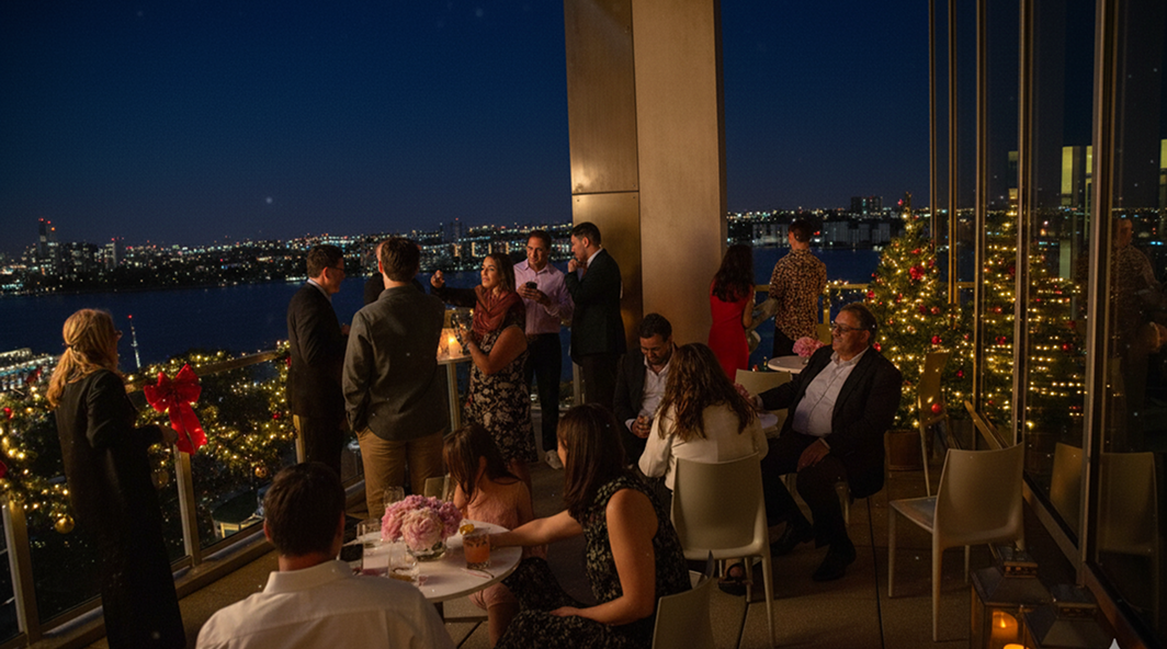 Rooftop party at night with city skyline in background, people mingling, Christmas lights.