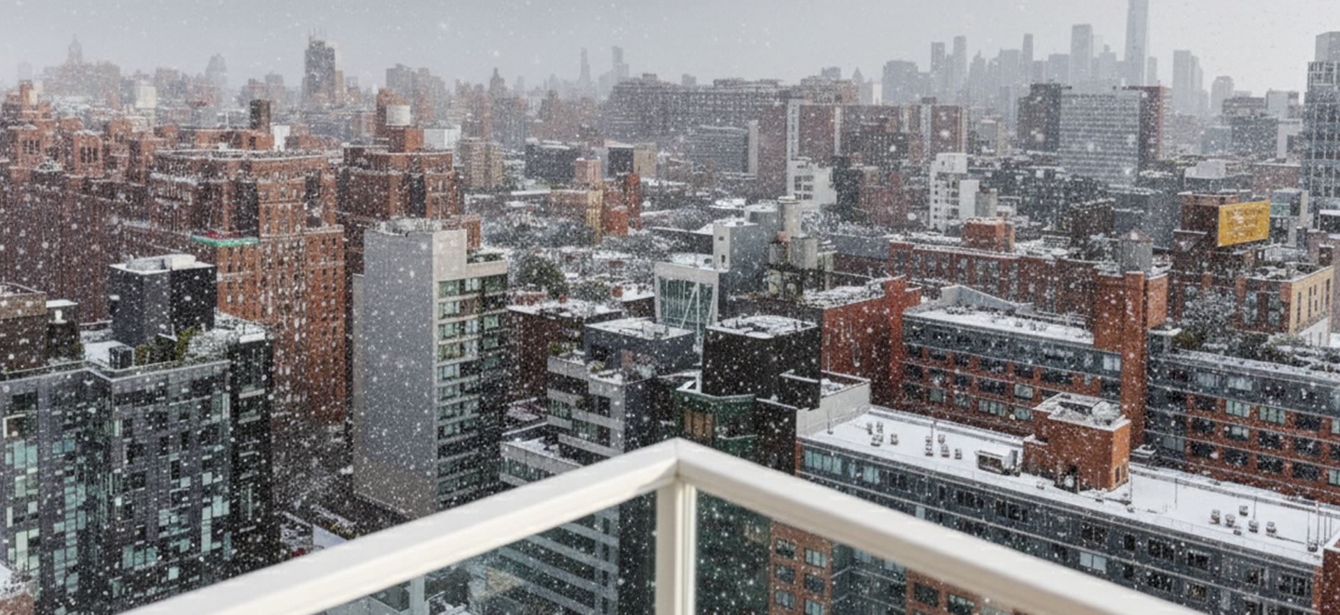 Snowy cityscape with buildings and a balcony.