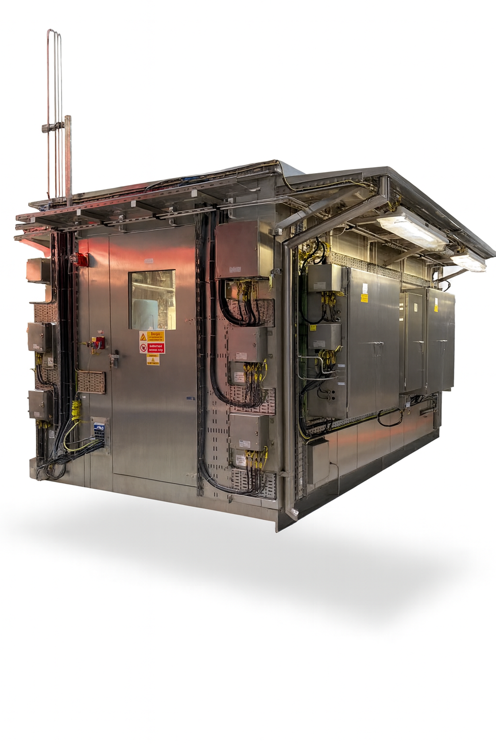 A silver, metallic industrial electrical control enclosure with external wiring, lights, and a window against a white background.