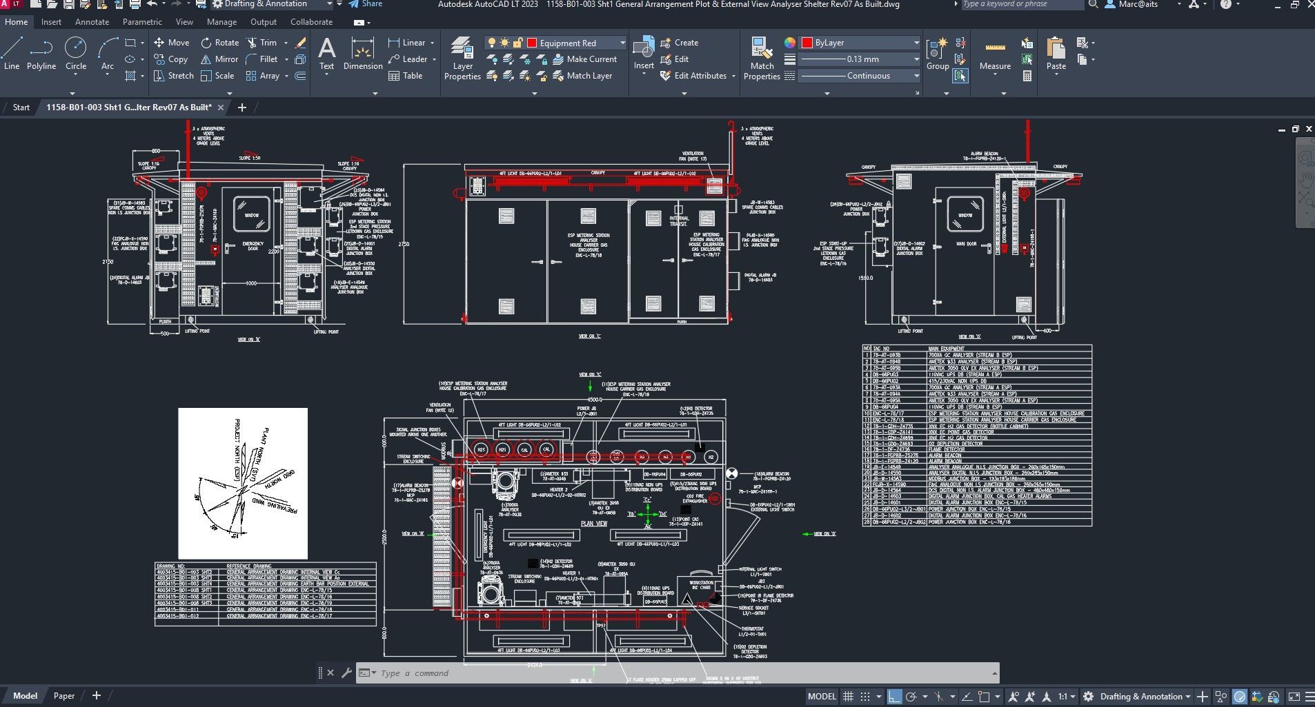 Technical CAD drawing displaying detailed construction schematics, floor plans, and a small sketch on a dark gray interface.