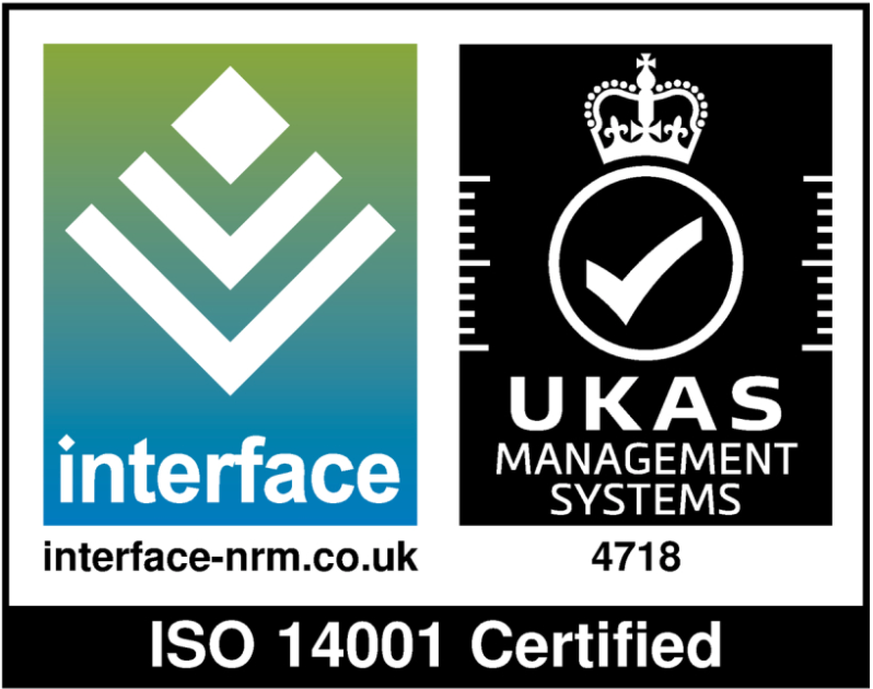 An Interface NRM logo next to a UKAS Management Systems certification mark, with text stating 