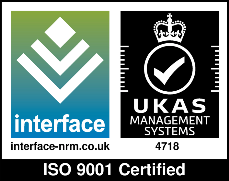 Interface NRM ISO 9001 certified logo featuring a green-blue geometric icon and the UKAS management systems symbol.