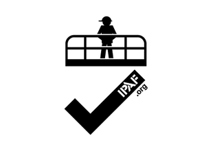 A black icon of a person standing in a work platform with a checkmark symbol containing the text IPAF.org.