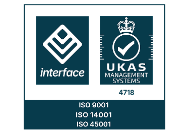 Logo for Interface, featuring the UKAS accreditation mark and certifications for ISO 9001, ISO 14001, and ISO 45001.